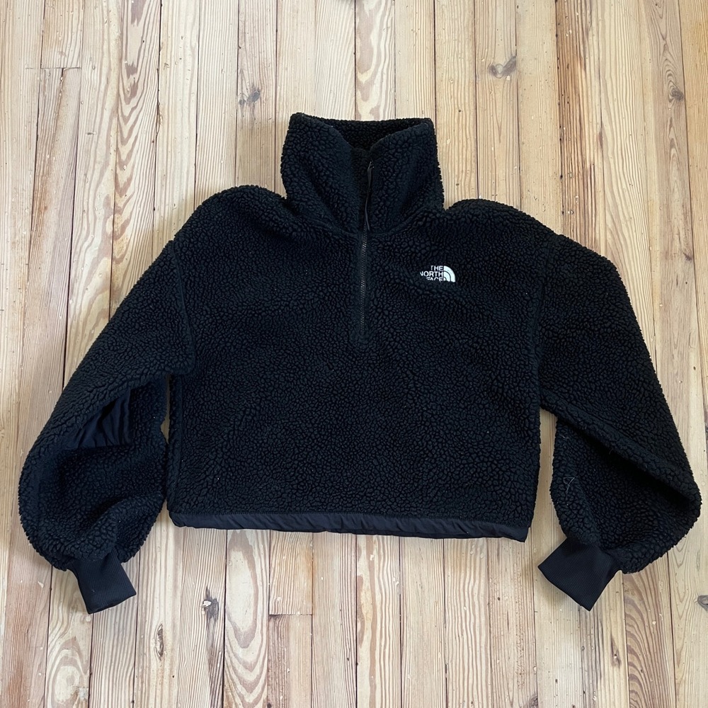 The North Face Sherpa Fleece Pullover Womens Small Black Cropped Balloon Sleeve